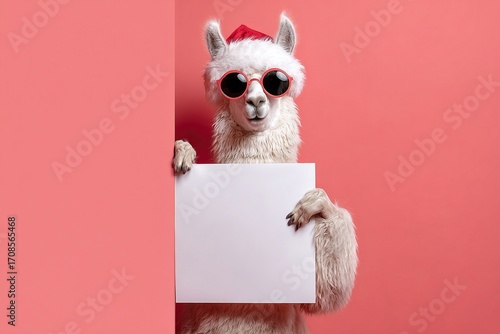 Festive llama holding blank sign in Christmas mood, pink background