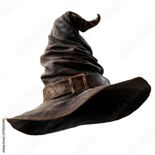 Worn leather wizard hat isolated on transparent background