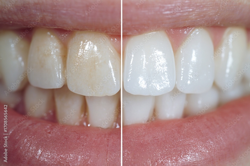 Obraz premium Before and after teeth whitening process, showing the improvement.