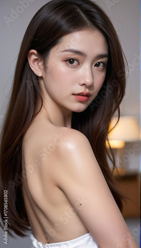 A portrait of a beautiful young woman turning around. A beautiful, natural look, a beauty image.振り返る美しい若い女性のポートレート。美しい素顔、美容イメージ。