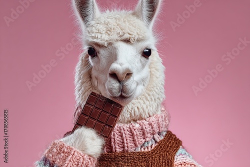 Alpaca in sweater holding chocolate bar on pink background