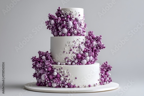 A stunning white wedding cake decorated with delicate purple sugar bubbles, adding a unique touch to a classic design