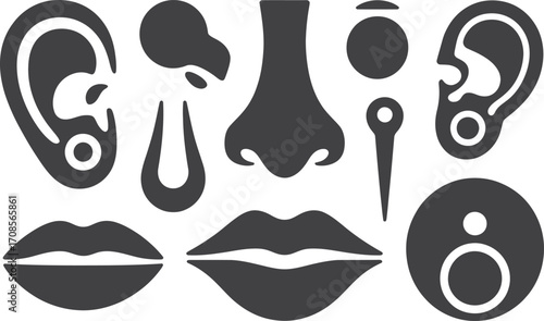 Collection of ear nose and lip piercing icons and symbols