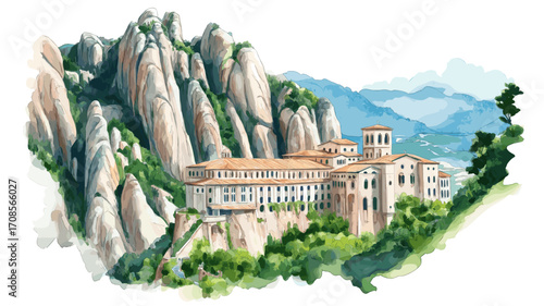 Montserrat Monastery. Montserrat Monastery watercolor vector illustration