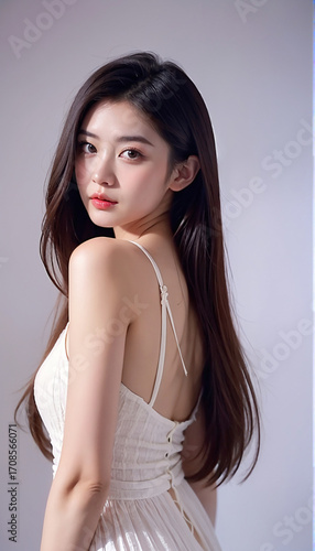 A portrait of a beautiful young woman turning around. A beautiful, natural look, a beauty image.振り返る美しい若い女性のポートレート。美しい素顔、美容イメージ。