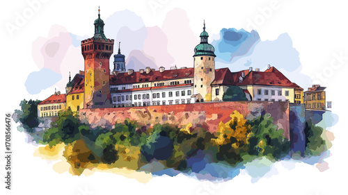 Wawel Castle. Wawel Castle watercolor vector illustration