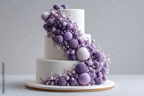 A stunning white wedding cake decorated with delicate purple sugar bubbles, adding a unique touch to a classic design