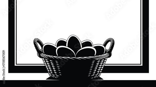 Black and white illustration of a woven basket filled with eggs and a decorative border vector