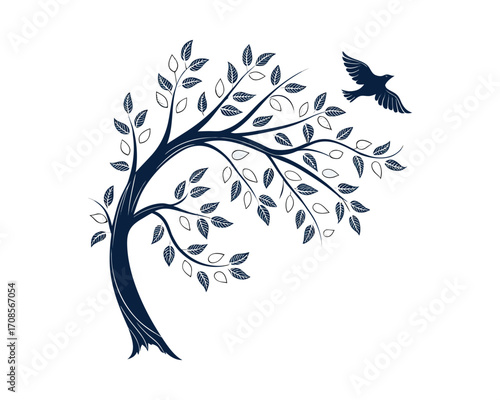 A stylized, dark navy blue silhouette of a tree with intricate leaf details, set against a plain white background