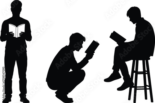 Silhouette illustration of three people reading books in different postures, standing, squatting, and sitting, representing education, learning, and knowledge