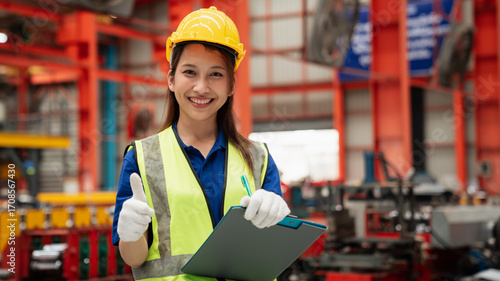 Smiling female engineer wearing safety helmet and vest holding clipboard in modern factory, representing industry, engineering, teamwork, occupational safety, and professional success.