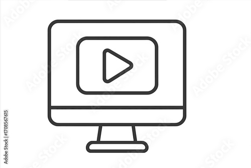 Computer monitor with play button icon. Line vector illustration. Concept for video content, streaming media, online course, tutorial, webinar, digital marketing, entertainment.