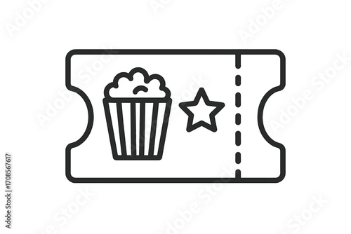 Movie ticket icon. Cinema pass symbol with popcorn and star. Vector illustration for entertainment, film festival, or event admission. Coupon concept. Line art design element.