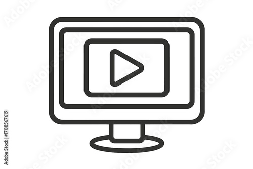 Play button on computer monitor screen icon. Vector line art for video streaming, online movie, or web tutorial concept. Simple multimedia player symbol for digital content.