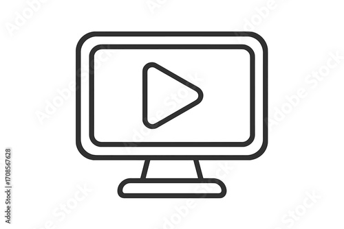 Play button on computer monitor screen icon. Video player symbol for web and app. Linear outline vector illustration. Digital media, online streaming, multimedia concept.