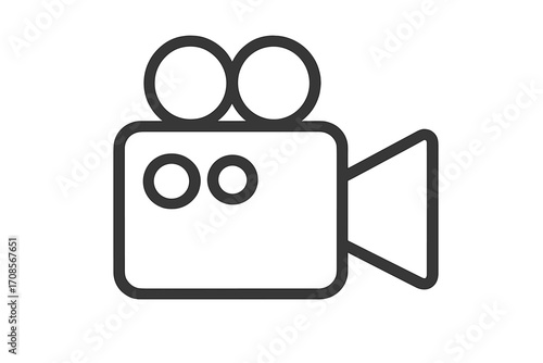 Video camera icon, camcorder symbol. Movie, film, cinema concept. Line art illustration for cinematography, multimedia, broadcasting. Recording equipment vector pictogram.
