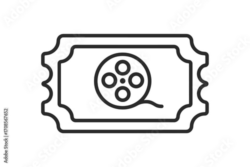 Movie ticket icon with film reel. Cinema admission pass symbol for entertainment events. Vector line art illustration for film festival or show. Retro coupon design element.