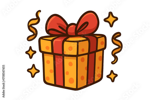 Gift box vector icon. Cartoon present with red ribbon bow for birthday celebration. Holiday surprise package concept. Flat design graphic element for Christmas with confetti stars.