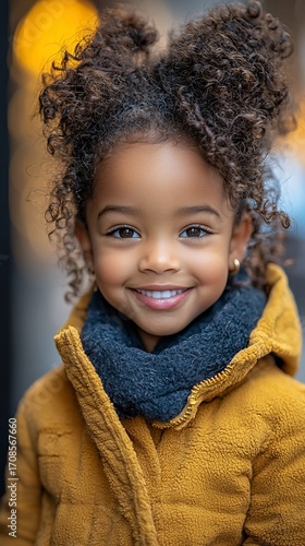 A smiling child with curly hair, wearing a mustard-colored coat and a dark gray scarf