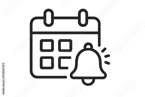 Calendar reminder notification icon with ringing bell. Event appointment schedule symbol. Time management, deadline alert concept. Simple linear vector illustration for web, app.
