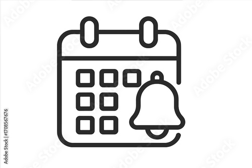 Calendar reminder icon with notification bell. Event schedule, appointment due date, and deadline planning concept. Time management alert symbol. Linear vector illustration.