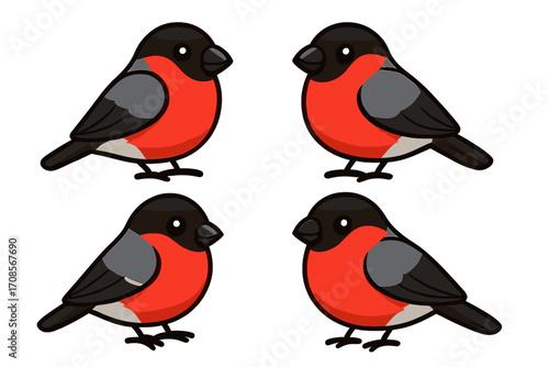 Set of cute bullfinch bird icons. Winter wildlife character collection. Cartoon vector illustration for Christmas design. Isolated nature graphic element for stickers or prints.