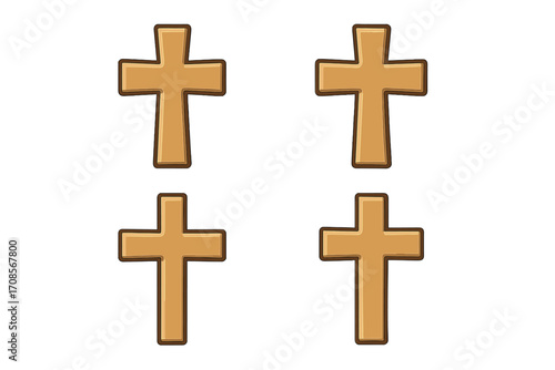 Christian cross vector icon set. Wooden cartoon style illustration. Religious symbol of faith, God, and salvation. Holy crucifix sign for church, spiritual, and Easter concepts.