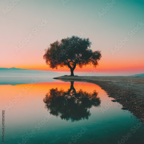 Solitary tree reflected in tranquil water at sunrise
