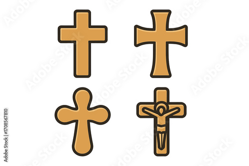 Christian cross and crucifix icon set. Vector cartoon illustration of religious symbols. Golden faith shapes with Jesus. Spirituality, church, and Easter concept design element.