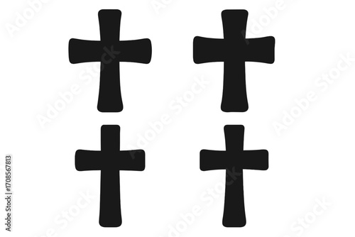 Black Christian cross vector icons set. Simple religious silhouette symbol collection for faith, church, crucifix, God, and Jesus design elements. Holy spiritual illustration.