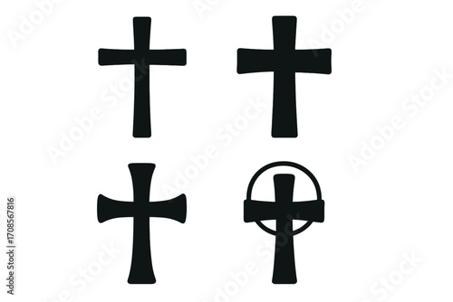 Christian cross icon set. Black silhouette collection of religious symbols. Vector graphic for faith, god, church, and prayer. Includes crucifix, catholic and Celtic cross designs.