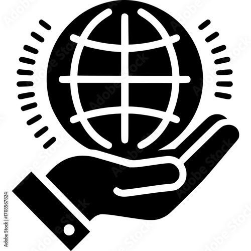 Global Responsibility in Hand: A striking black-and-white illustration depicts a symbolic hand cradling a glowing globe, representing global care, stewardship, and sustainable practices.