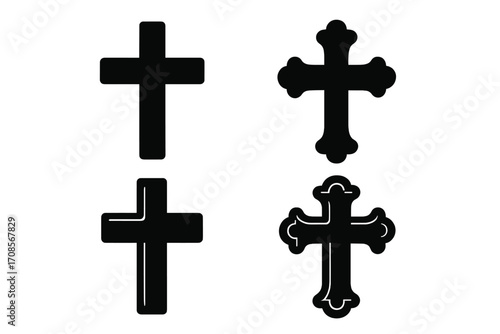 Set of cross icons. Christian religious symbol silhouette. Vector graphic illustration for faith, crucifix, church, and God concepts. Catholic and Orthodox spirituality design element.