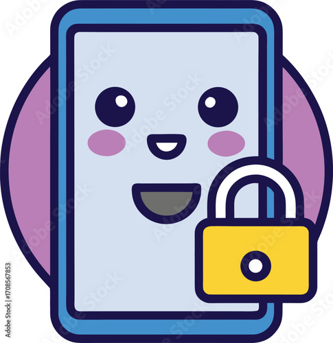 Cute cartoon smartphone with a yellow padlock and blushing cheeks