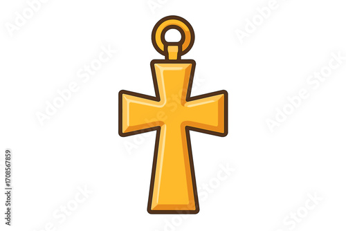 Gold cross religion icon. Christian spiritual symbol. Vector crucifix illustration. Flat cartoon jewelry pendant. Catholic faith sign. Holy object concept isolated on white.