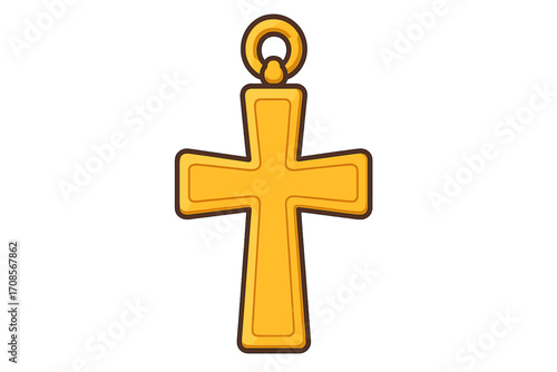 Golden cross pendant vector illustration. Christian religious symbol. Gold crucifix jewelry icon for Easter and faith concepts. Cartoon graphic isolated on transparent background.