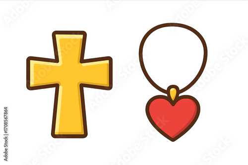 Christian cross and heart necklace jewelry icon set. Vector cartoon illustration. Religion, faith, love and romance concept. God, catholic, crucifixion, passion symbol. Valentine's day.