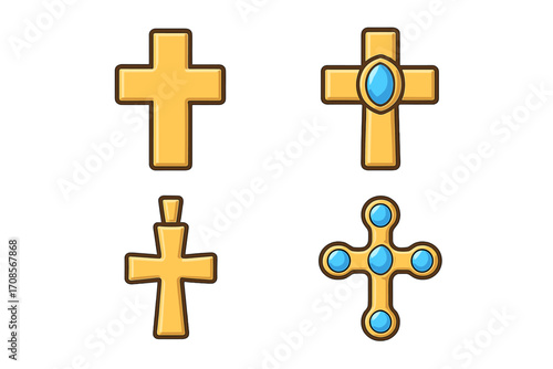 Golden cross icon set. Christian religious symbol collection. Cartoon vector illustration. Gold jewelry with blue gems. Flat crucifix design elements for faith, catholic, orthodox.