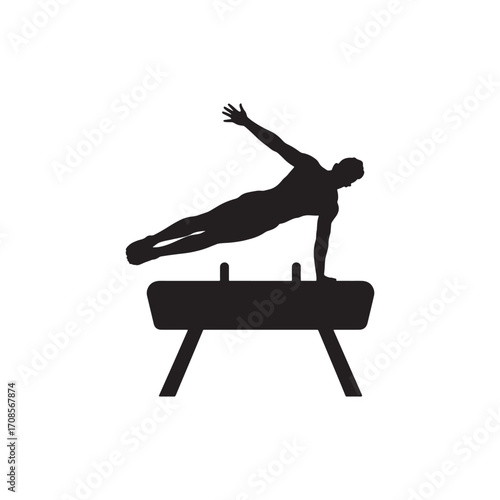Silhouette of Male Gymnast on Pommel Horse and Artistic Gymnastics vector Illustration