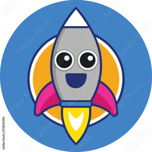 Cute cartoon rocket with smiling face and pink fins launching with yellow fire