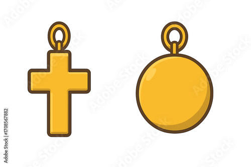 Golden cross and round medallion pendant set. Christian religious jewelry. Symbol of faith, god, prayer. Flat cartoon vector illustration. Isolated icon collection for spirituality.