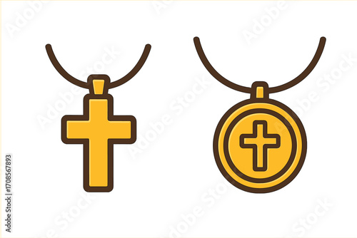 Golden Christian cross necklace and round medallion pendant set. Religious jewelry for faith and prayer. Catholic or Orthodox spiritual symbol vector cartoon illustration.