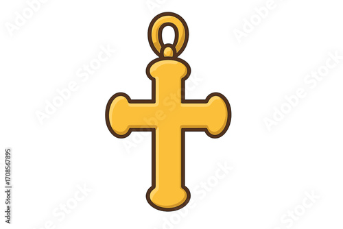 Gold cross pendant. Christian religious symbol of faith, prayer, and belief. Cartoon vector illustration of a crucifix. Catholic or Orthodox jewelry charm for a necklace.