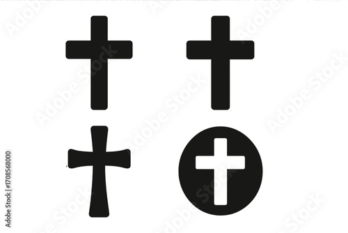 Set of black Christian cross icons. Religious silhouette symbols for faith, spirituality. Protestant, Catholic crucifix sign collection. Vector graphic illustration isolated.