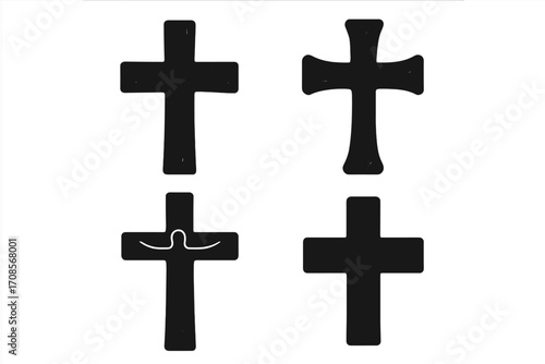 Christian cross silhouette icon set. Vector symbols of faith, religion and crucifixion. Collection of crucifix and crosses for Easter, Good Friday and church concepts.