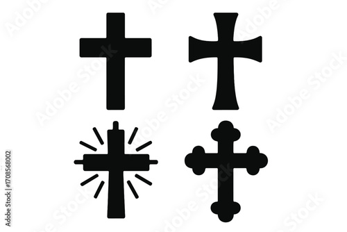 Christian cross symbol collection. Set of various black religious crucifix sign silhouettes. Vector graphic icons for faith, spirituality, Easter, church, and God. Isolated design.