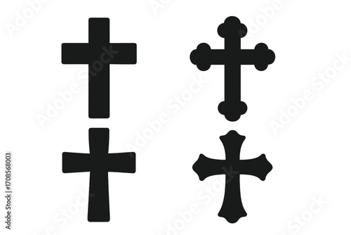 Christian cross silhouette vector set. Collection of black religious icons. Symbol of faith, Jesus, and church. Catholic, crucifix, and orthodox shapes for design projects.