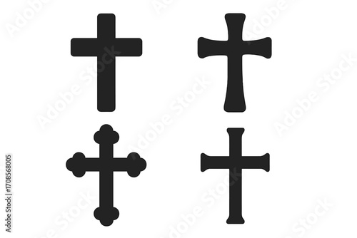 Christian cross silhouette set. Various religious crucifix shape icons. Vector graphic element for faith, spirituality, and church design. Holy Catholic and Orthodox symbol.