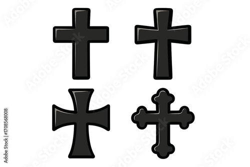 Set of black Christian cross vector icons. Religious symbols of faith and spirituality. Collection of different crucifix shapes. Cartoon illustration for Catholic design.