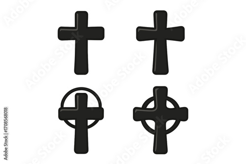 Set of black Christian cross silhouettes. Vector cartoon illustration collection of religious symbols. Latin and Celtic cross icons for faith, crucifix and church design.